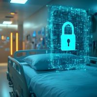 A padlock icon hovers over a hospital bed, signifying data privacy for patients.