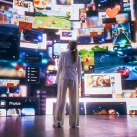 Person standing in front of computer windows of various apps