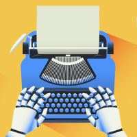 Android hands typing on a typewriter