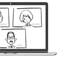 Cartoon image of three employees on a Zoom call, each with their gender pronouns displayed