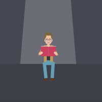 Cartoon person reading a book of scary stories and looking frightened.