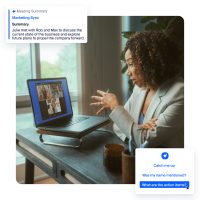 Woman on laptop using Zoom AI Companion to catch up on meeting details by making queries.