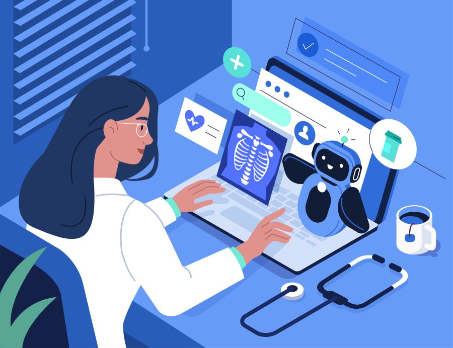 A physician looking at a patient's medical record on her laptop.