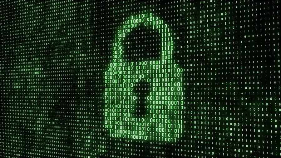 Lock icon comprised of binary code.