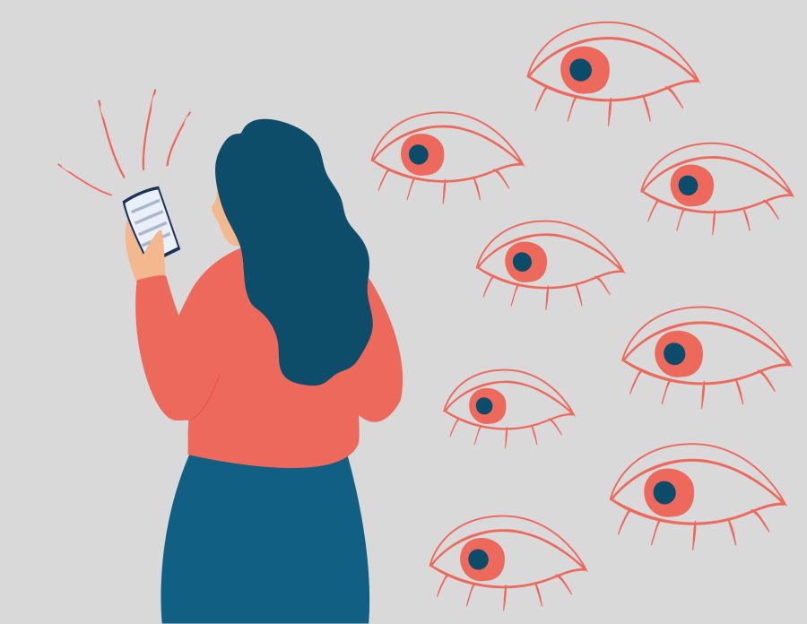 Person using a smartphone while a bunch of floating eyes watch what they are doing