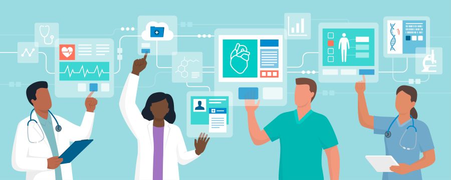 Doctors looking at patient health data