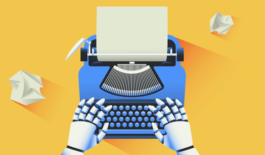 Android hands typing on a typewriter