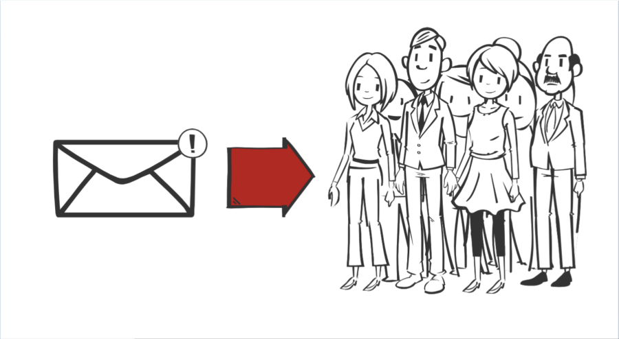 Email icon moving towards a group of people