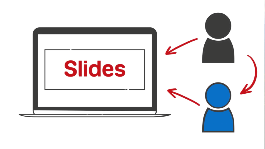 Drawing of two figures who have access to slides on a laptop