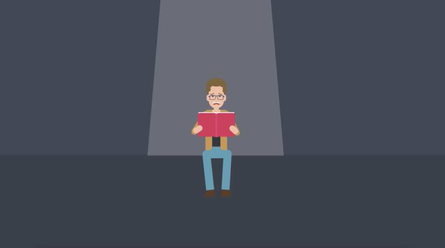 Cartoon person reading a book of scary stories and looking frightened.