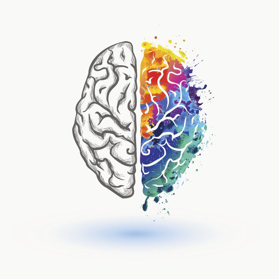 A drawing of a brain. The left side is in black and white, but the ride side is bursting with various bright colors that look like paint splatters.