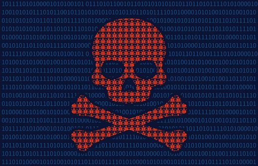 Binary code displayed on screen in blue, but some of the numbers have morphed into red bug icons, forming a skull and crossbones.