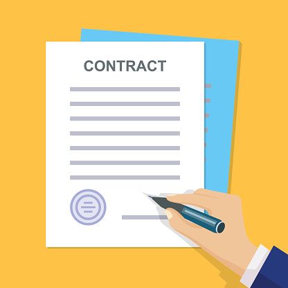 Cartoon rendering of a person's hand holding a pen and getting ready to sign a contract.