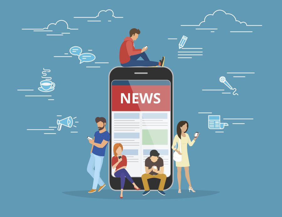 A cartoon rendering of five people all reading from their smartphones, all standing around a very large smartphone with "NEWS" displayed on the screen.