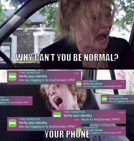 A woman in a car screaming at her child in the backseat "Why can't you be normal?" The child in the backseat responds screaming with several Duo notifications surrounding him.