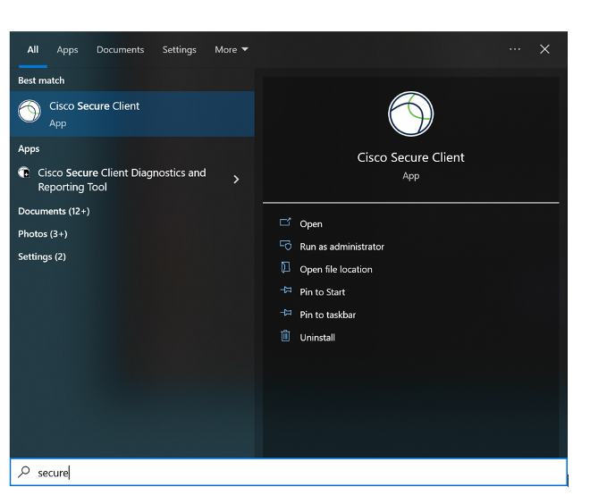 Cisco Secure Client search bar results on Windows