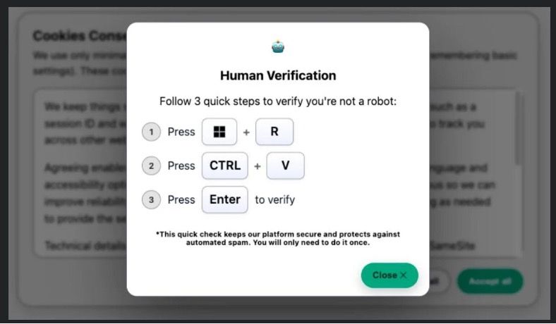 Sample of a ClickFix popup requesting a series of button prompts to verify your identity.