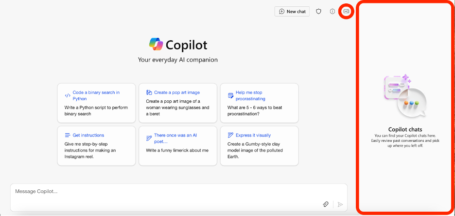 Copilot chat history sidebar
