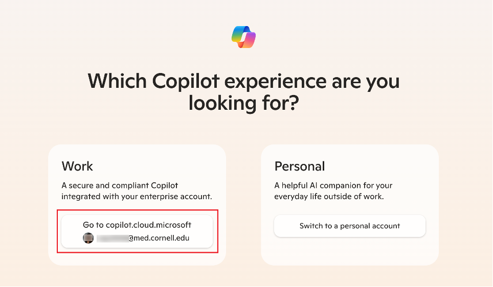 Copilot login page with "Work" account highlighted.