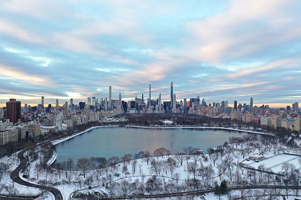 A snowy scene of Central Park