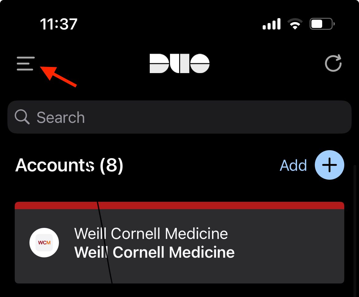 Hamburger menu in Duo mobile app