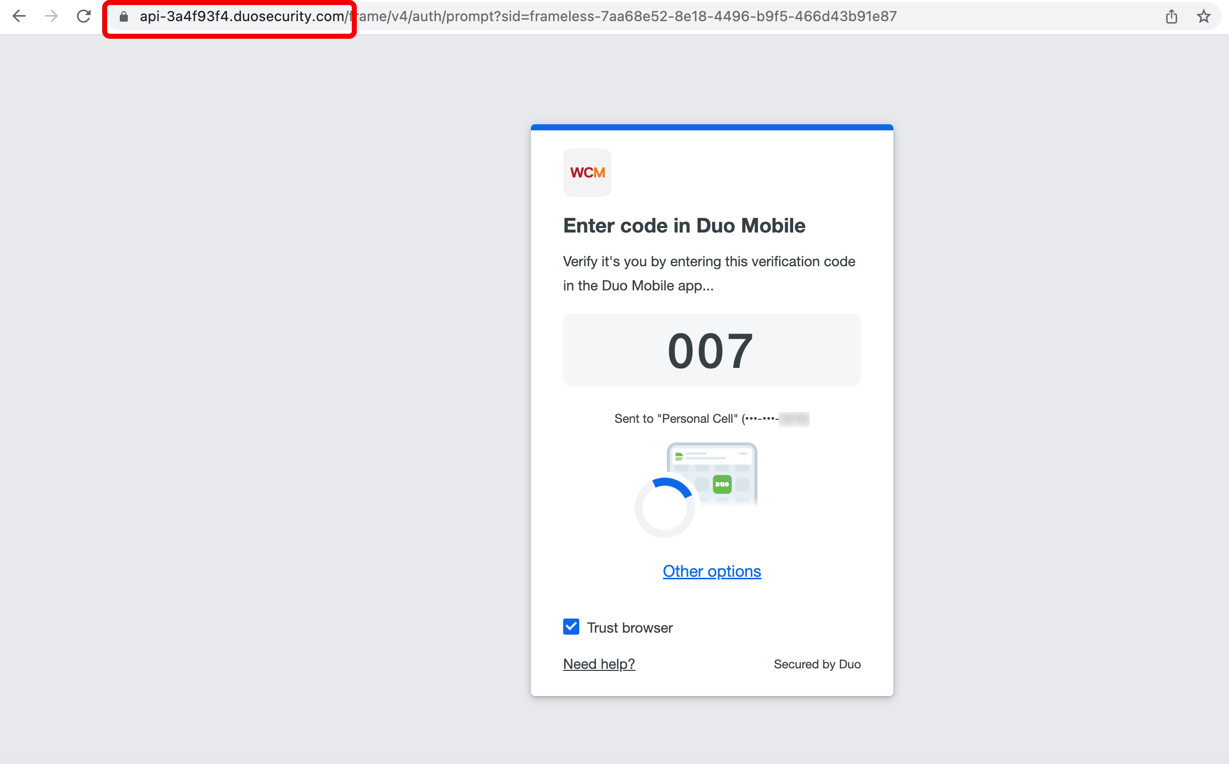 Duo login showing URL reading "duosecurity"
