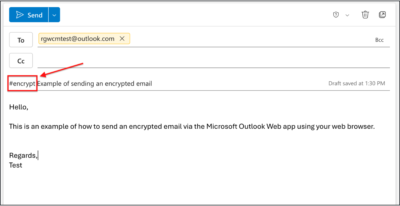 The tag #encrypt added to an email subject line in Outlook for Mac in order to encrypt the message.
