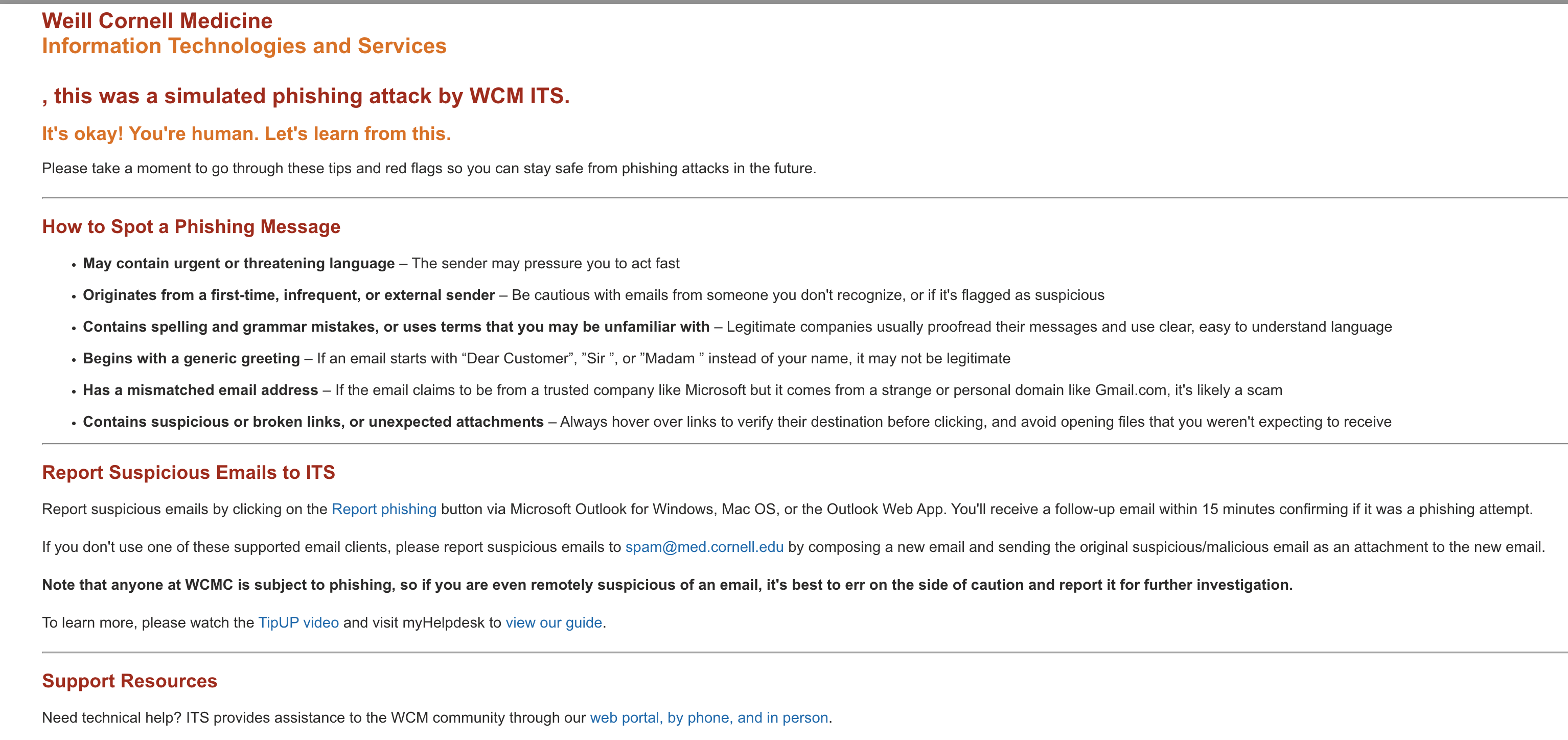 Screenshot of resource page you'll see if you fail ITS phishing course.