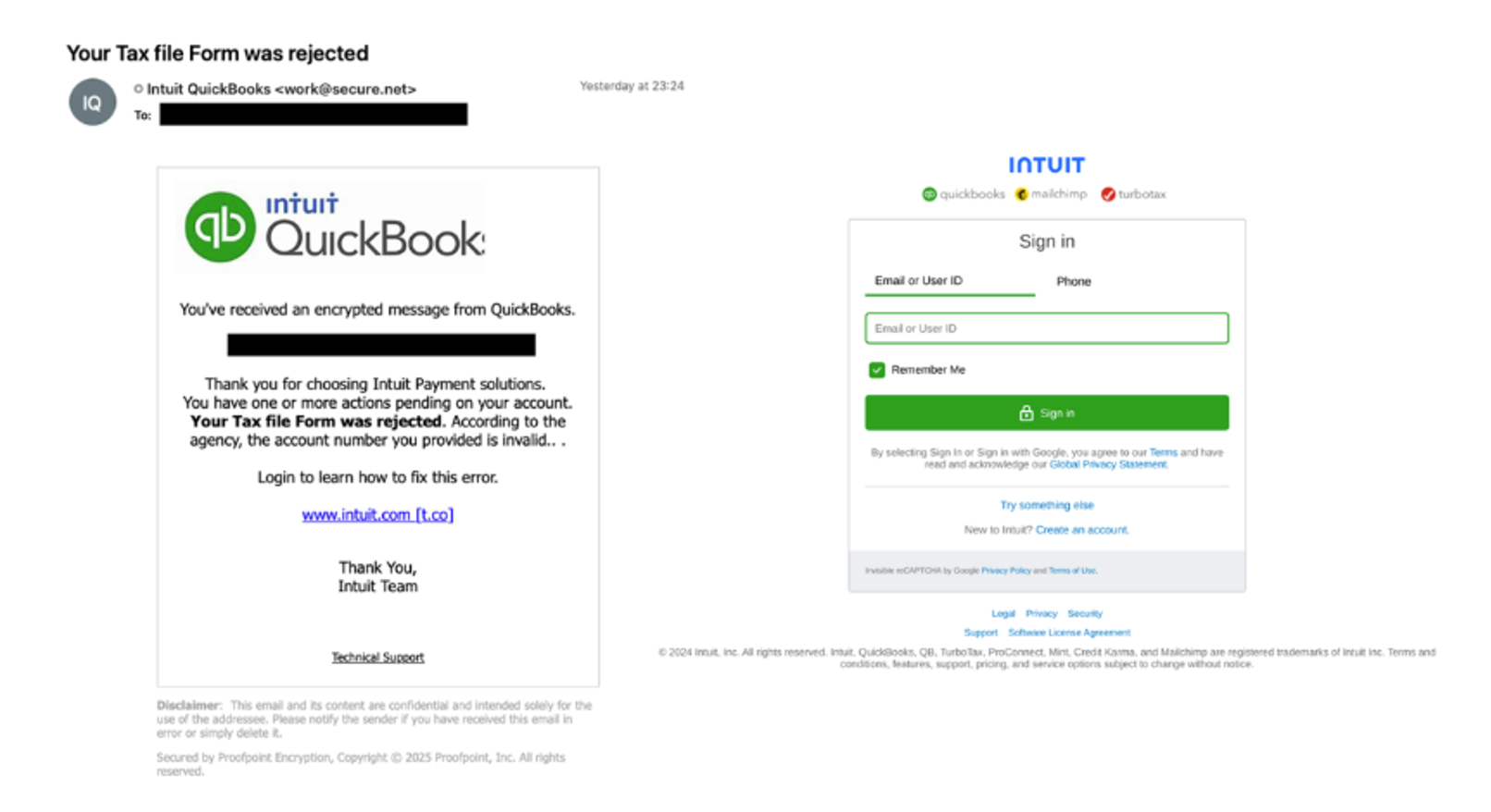 Example of email scam that looks like an official Intuit message.