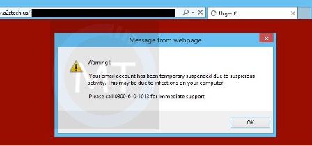Pop-up window asking a user to call IT Support to fix their computer. However, the contact information is suspicious.