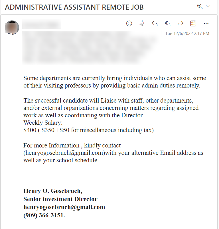 A screenshot of a phishing email with the subject line "Administrative Assistant Remote Job"