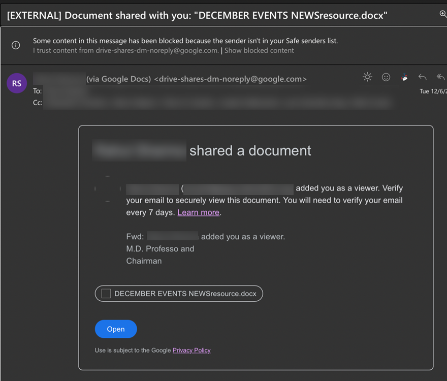 A screenshot of a phishing email with the subject line reading "December Events News."