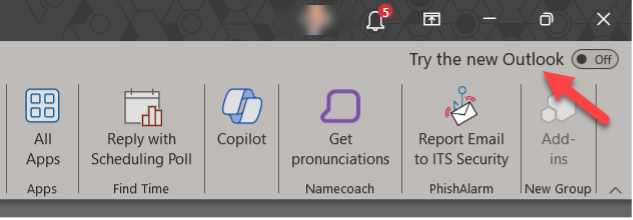 A toggle on the Outlook for Windows app that reads "Try the new Outlook."