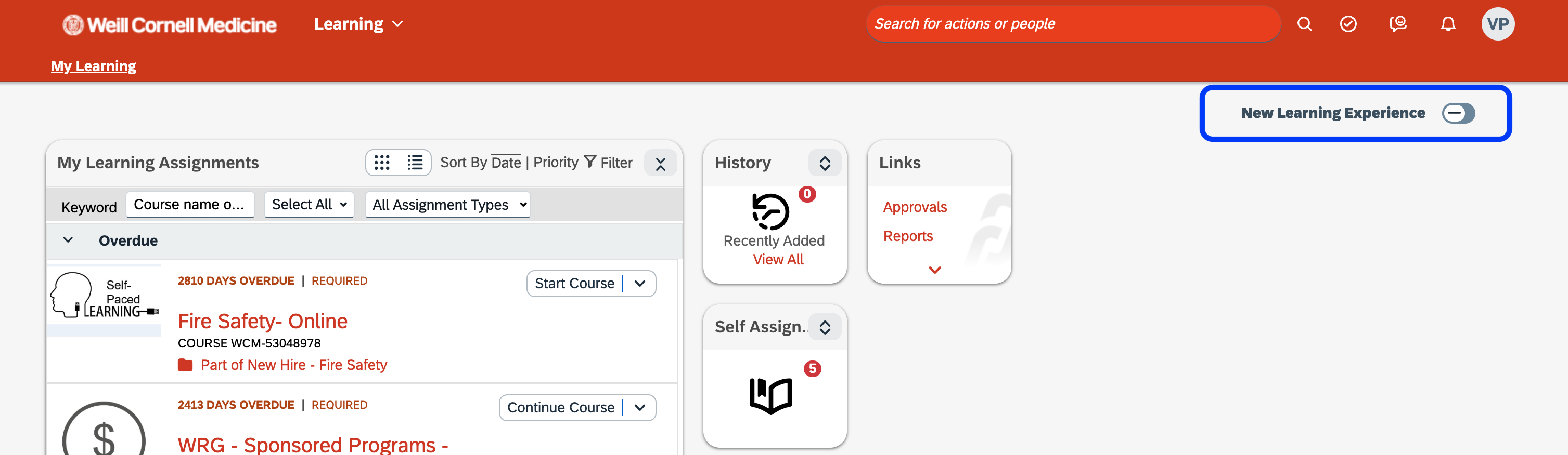 A screenshot of the old LMS in WBG with a toggle in the upper right to activate a new user experience.
