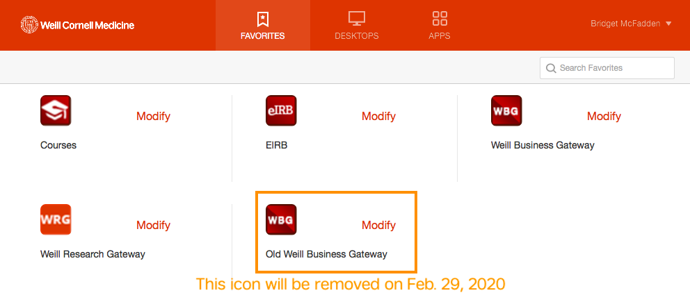 The icon for Old Weill Business Gateway will be removed on 2/29