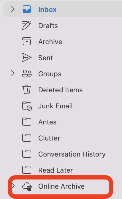 Screenshot of Outlook menu with Online Archive folder circled in red.