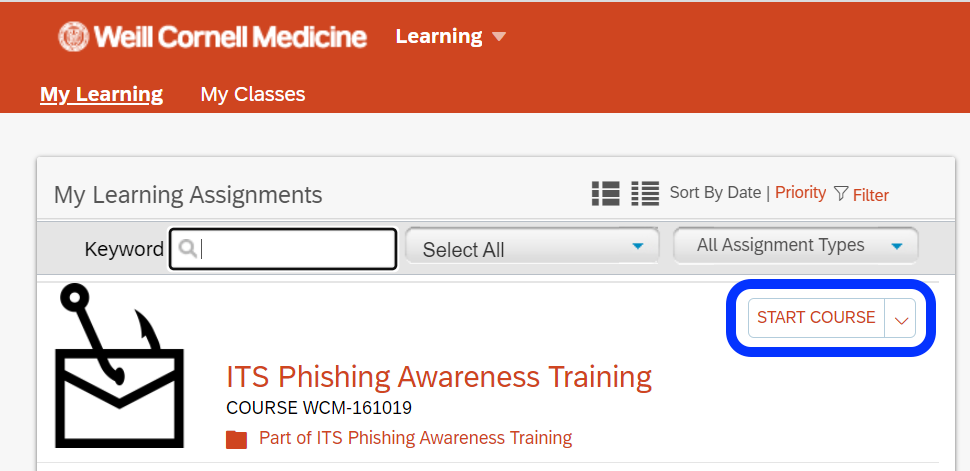 Screenshot of Phishing course listed in your Learning Assignments