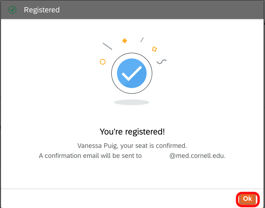 Registration confirmation pop-up window