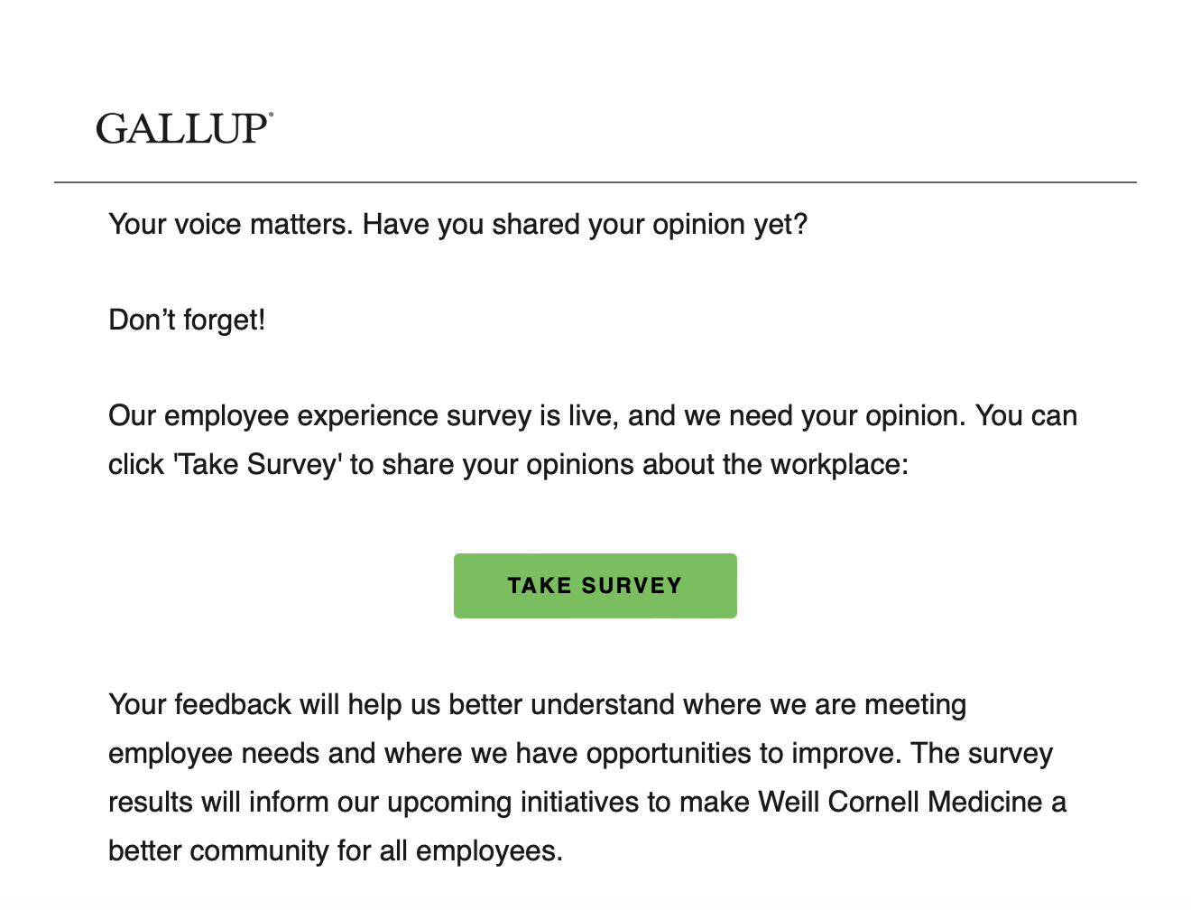 A screenshot of the Gallup survey email that each employee will receive on Dec. 8. The email urges people not to forget to take the survey and includes a link to complete it.