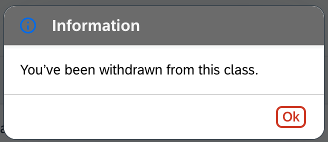 Pop-up window confirming you were removed from LMS course successfully.