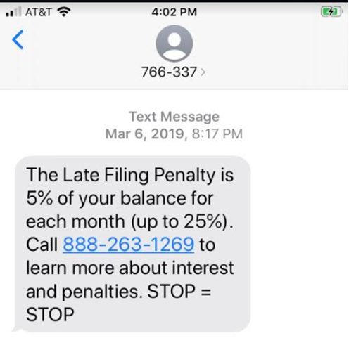 Screenshot of a text message that reads "The Late Filing Fee is 5% of your balance each month (up to 25%). Call [spam number] to learn more about interest and penalties."