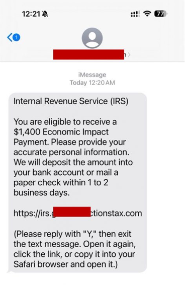 Example of a text message purporting to be from the IRS demanding payment.