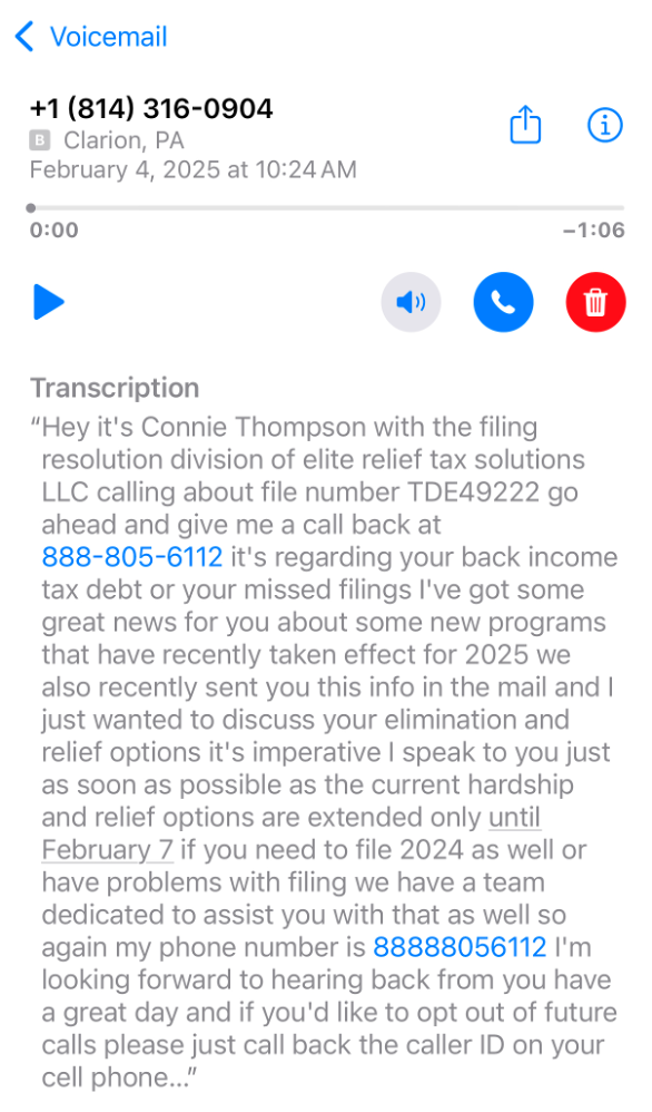 Example of voicemail scam claiming a person may be eligible for payment from IRS.