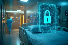 A padlock icon hovers over a hospital bed, signifying data privacy for patients.