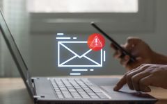Person at a laptop reporting a suspicious email, denoted by a mail icon with a red exclamation point.