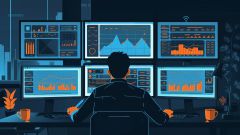 Person sitting at a computer with multiple screens looking at data visualizations