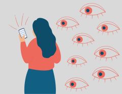Person using a smartphone while a bunch of floating eyes watch what they are doing