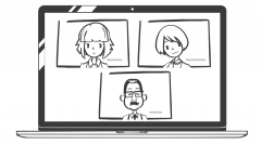 Cartoon image of three employees on a Zoom call, each with their gender pronouns displayed