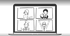 Cartoon characters chatting in a Zoom meeting on a laptop