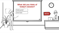 Screenshot of TipUp video showing person presenting slides while another person moderates responses submitted via Poll Everywhere